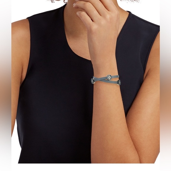 🆕Tory Burch Authentic Miller Silver & Leather Blue Enamel Double Wrap Bracelet - Picture 10 of 13